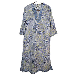 VTG Tunic Dress L Maxi 100% Cotton Coastal Summer Boho Chic Paisley Resort